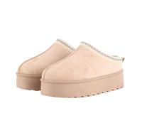 MIOBER Ladies Suede Slipper, Women's Slip On Indoor Platform Slippers,Faux Fur Warm,Plush Thermal with Anti-Skid Sole,Lined Outdoor Winter Boots(MOBI3-MOCHA+GREY Webbing,UK03)