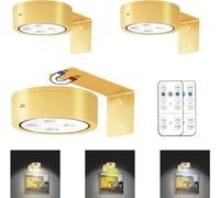 MIOBLUE 3 Pack Battery Operated Picture Lights, Wireless Magnetic Display Art Light with Remote Controls, Dimmable Timer for Painting, Portrait, Art Frame (Gold)