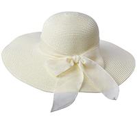 Miobo Women's Straw Sun Hat Summer Bow Hat Beach Hat Brim Hat Floppy Hat, White, 56/58 cm