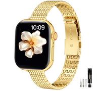 MioHHR Slim Metal Bands Compatible with Apple Watch Band 38mm 40mm 41mm 42mm(Series 10),Thin Stainless Steel Replacement Strap for Women iWatch Bands Series 9 8 7 6 5 4 SE 3 2 1,Gold