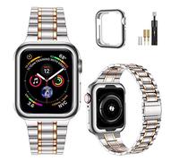 MioHHR Solid Stainless Steel Band Compatible with Apple Watch 45mm, Metal Strap with Soft TPU Case for iWatch Series 9 8 7 45mm Women and Men, Silver/Rose Gold