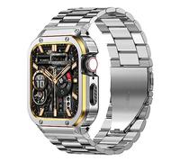 MioHHR Stainless Steel Band Case Compatible with Samsung Galaxy Watch 5 Pro 45mm/Galaxy Watch 4/5/6 44mm, Genuine Leather Band and Metal Protective Case for Men, Silver