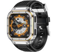 MioHHR Stainless Steel Case and Band Compatible with Fitbit Versa 4/3/2/Lite/Sense/Sense 2 Bands with Metal Case, Rugged Sports Protector Cover Silicone Wristbands for Men, Silver/Gold