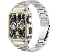 MioHHR Stainless Steel Watch Band with Case Compatible for Apple Watch Bands 42/44 mm,Rugged Strap with Metal Protective Bumper Cover for iWatch Series 6/5/4/SE/3/2/1 for Men(Silver/Gold)