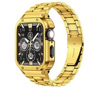 MioHHR Stainless Steel Watch Band with Case Compatible for Apple Watch Bands 44 mm,Rugged Strap with Metal Protective Bumper Cover for iWatch Series 6/5/4/SE for Men(Gold)