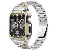 MioHHR Stainless Steel Watch Band with Case Compatible for Apple Watch Bands 44 mm,Rugged Strap with Metal Protective Bumper Cover for iWatch Series 6/5/4/SE for Men(Silver/Gold)