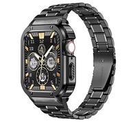 MioHHR Stainless Steel Watch Band with Case Compatible for Apple Watch Bands 45 mm,Rugged Strap with Metal Protective Bumper Cover for iWatch Series 8/7 for Men(Black)