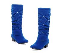 MIOKE Women's Fashion Slouch Mid Calf Riding Boots With Rhinestone Round Toe Suede Cozy Low Heel Dress Boots, Royal Blue-velvet Lined, 6 UK