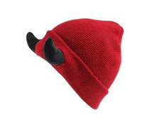 Miolasay Devil Horn Hat Soft Knitted Beanie Warm Winter Halloween Hat Hip Hop Cap for Indoor Outdoor (Red Hat Black Horns, 20cm*1cm*19cm)