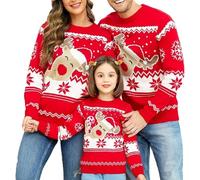 Miolasay Family Matching Christmas Sweaters Reindeer Snowflakes Ribbed Knitted Jumpers Ugly Long Sleeve Pullover Top (Kids, Style C, 3-4 Years)