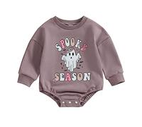 Miolasay Infant Baby Girl Boy Halloween Clothes Long Sleeve Ghost Letter Print Romper Pumpkin Crewneck Sweatshirt Fall Outfits (A-Purple, 0-3 Months)