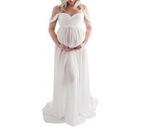Miolasay Maternity Dress for Photography Chiffon Off-Shoulder Elegant Gown Front Split Long Pregnancy Dresses for Photoshoot (A-White, M)