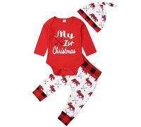 Miolasay Newborn Baby Girls Boys Christmas Outfits My First Christmas Romper Tops Deer+Plaid Pants+Hat 3PCS Xmas Set (A-Red, 6-9 Months)