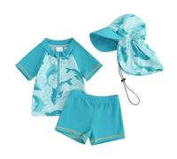 Miolasay Toddler Baby Boy 3Pcs Swimsuit Set Rash Guard Swimsuits Fish Shark Print Long Sleeve Zip Up Bathing Suit Swimwear (B-Sky Blue Dolphin, 12-18 Months)
