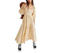 Miolasay Women 3D Embroidered Flowers Maxi Dress Square Neck Puff Sleeve Tiered Long Dress Bohemian Backless A-line Flowy Dress (B-Apricot, L)
