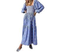 Miolasay Women 3D Embroidered Flowers Maxi Dress Square Neck Puff Sleeve Tiered Long Dress Bohemian Backless A-line Flowy Dress (B-Light Blue, L)