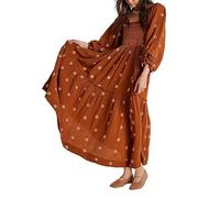 Miolasay Women 3D Embroidered Flowers Maxi Dress Square Neck Puff Sleeve Tiered Long Dress Bohemian Backless A-line Flowy Dress (B-Brown, L)