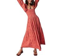 Miolasay Women 3D Embroidered Flowers Maxi Dress Square Neck Puff Sleeve Tiered Long Dress Bohemian Backless A-line Flowy Dress (B-Watermelon Red, L)