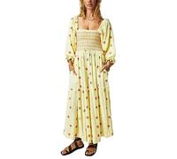 Miolasay Women 3D Embroidered Flowers Maxi Dress Square Neck Puff Sleeve Tiered Long Dress Bohemian Backless A-line Flowy Dress (B-Yellow, S)