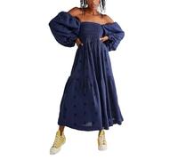 Miolasay Women 3D Embroidered Flowers Maxi Dress Square Neck Puff Sleeve Tiered Long Dress Bohemian Backless A-line Flowy Dress (A-Navy Blue, S)
