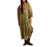 Miolasay Women 3D Embroidered Flowers Maxi Dress Square Neck Puff Sleeve Tiered Long Dress Bohemian Backless A-line Flowy Dress (B-Green, S)