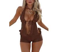 Miolasay Women Crochet Knitted Shorts Set Halter Neck Lace Up Sleeveless Tank Tops Low Rise Mini Shorts Beach Coverup Outfits (A-Dark Brown, M)