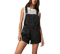 Miolasay Women Denim Bib Overalls Loose Fit One Piece Vintage Adjustable Straps Pocket Romper Shorts Rolled Cuff Jeans Shortalls (A-Black, L)