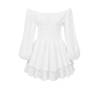 Miolasay Women Puff Ruffle Dress Built-in Shorts Lace Boat Neck Long Sleeve Flouncing Bodysuit Off Shoulder Long Sleeve Layered Short Dress (White, M)