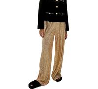 Miolasay Women Sequins Wide Leg PantsShiny Loose Casual Elastic High Waist Sparkle Flared Trousers for Clubwear Streetwear (A-Gold, S)