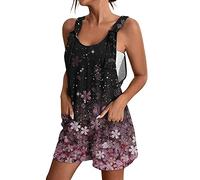 Miolasay Women Uk Elegant Short Jumpsuit Loose Spaghetti Strap Suspender Bib Overall Cotton Linen Shorts Rompers with Pockets (B-Purple Flower, XXL)
