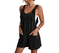 Miolasay Women Uk Elegant Short Jumpsuit Loose Spaghetti Strap Suspender Bib Overall Cotton Linen Shorts Rompers with Pockets (A-Black, L)