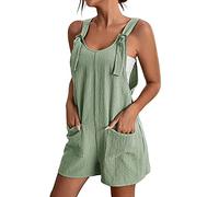 Miolasay Women Uk Elegant Short Jumpsuit Loose Spaghetti Strap Suspender Bib Overall Cotton Linen Shorts Rompers with Pockets (A-Light Green, M)