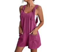 Miolasay Women Uk Elegant Short Jumpsuit Loose Spaghetti Strap Suspender Bib Overall Cotton Linen Shorts Rompers with Pockets (A-Purple, XXL)