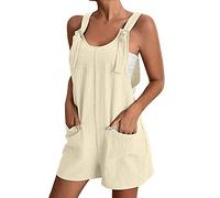 Miolasay Women Uk Elegant Short Jumpsuit Loose Spaghetti Strap Suspender Bib Overall Cotton Linen Shorts Rompers with Pockets (A-Apricot, M)