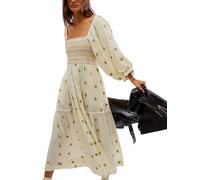 Miolasay Women's B-Beige 3D Embroidered Flowers Maxi Dress, Square Neck, Puff Sleeve, Tiered, A-Line, Backless, Ankle Length, S