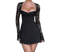 Miolasay Women's B-Black Lace Elegant Mini Dress, A-Line, Backless, Tie-up, Long Sleeves, V-Neck, Fitted Waist, Polyester, Machine Wash, Size M