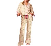 Miolasay Womens Christmas Pajama Sets 2 Piece Satin Silk Long Sleeve Bow Tie Lapel Button Up Shirt Pants Funny Graphic Sleepwear (M-Yellow, M)