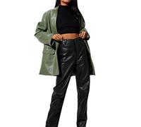 Miolasay Womens Leather Blazer Coat Button Front Trench Coat Tailored Collar Long Sleeve Suit Jacket Faux PU Leather Jacket (A-Green, M)