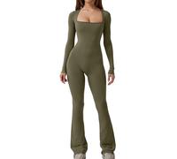 Miolasay Women's Ribbed Yoga Long Sleeve Jumpsuit Seamless Square Neck Jumpsuit Gym Stretch Bodycon Workout Playsuit (B-Army Green, S)
