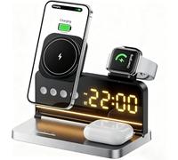 MIOLLYBO 5-in-1 Magnetic Wireless Charging Station for iPhone with Clock & Night Light, 15W Fast Charge, Compatible with iPhone 15/14/13/12, Apple Watch, AirPods