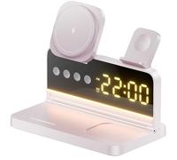MIOLLYBO 5-in-1 Magnetic Wireless Charging Station for iPhone with Clock & Night Light, 15W Fast Charge, Compatible with iPhone 15/14/13/12, Apple Watch, AirPods（White）