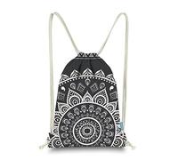 Miomao Drawstring Backpack Mandala Style String Bag Canvas Beach Sport Daypack, Black, L, Modern/Fitted