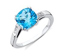 MIORE 0.06 carat Diamond Engagement Rings, 9ct White Gold Ring with Blue Topaz Gem and Natural Diamonds, Solid Gold Ring, Wedding Ring- Delivered with Jewellery box
