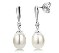 Miore 9ct 375 White Gold Earrings for Women, 6.5mm White Freshwater Drop Earrings with Natural Diamonds, Jewellery for Women Delivered in Jewellery Box