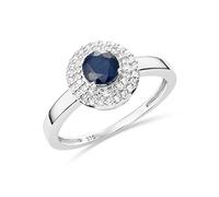 Miore diamond and sapphire engagement ring in 9 karat 375 white gold halo setting ring 2 rows natural diamonds 0.17 carat with centre stone natural blue sapphire 0.57 carat