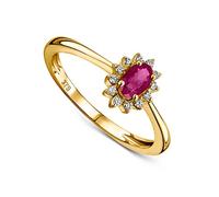 MIORE Diamond Engagement Rings for Women, Prong Ring in 9ct Yellow Gold with Red Ruby Gem and Natural Diamonds, Solid Gold Ring, Wedding Ring - Delivered with Jewellery box
