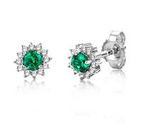 Miore Emerald and Diamond Earrings for women in White gold 9 karat (375) Studs with Brilliant cut diamonds 0.10 carat- size 6 mm
