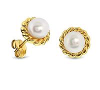 Miore Gold Earrings for Women, Solid 9ct 375 Yellow Gold stud Earrings with White Freshwater pearls 5.5mm- pearl Studs with Braided Gold Rim 8 x 8 mm- Delivered in Jewellery Box