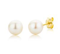 Miore Gold Earrings for Women, Solid 9ct 375 Yellow Gold stud Earrings with White Freshwater pearls 6 mm- pearl Studs Handmade in Italy- Delivered in Jewellery Box