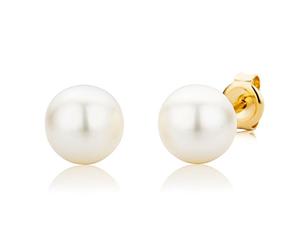 Miore Gold Earrings for Women, Solid 9ct 375 Yellow Gold stud Earrings with White Freshwater pearls 8-8,5mm- pearl Studs Handmade in Italy- Delivered in Jewellery Box